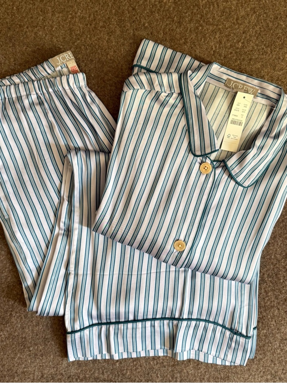 NWT J. Crew Women’s Pajama Pant Set, Long Sleeve, Blue Striped, Size Small